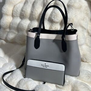 Kate Spade Madison Medium Platinum Grey Leather Satchel Bag With Wallet